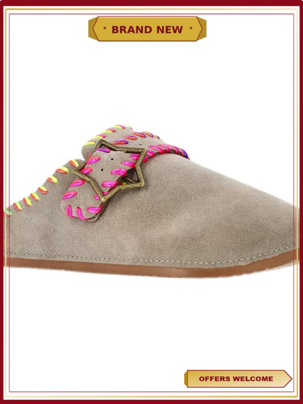 Girls Casual Slip On Clog with Star Buckle Rainbow Stitches